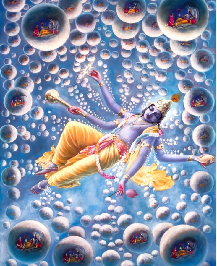 Mahavishnu reclining upon the Causal Ocean as countless universes appear as cosmic spheres